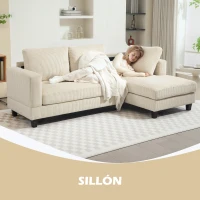 HOMCOM Sofá Chaise Longue de 3 Plazas en Forma de L Tapizado en Pana Asiento y Respaldo Acolchados 214x134x87 cm Beige(m-4)