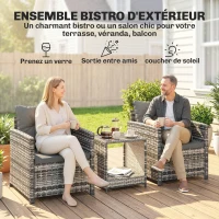 Outsunny Salon de Jardin Extérieur 3 Pièces en Résine Tressée Table et 2 Fauteuils avec Coussins, 62x65x75cm, Gris Clair(m-4)