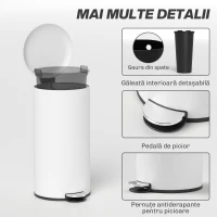 HOMCOM Coș de Gunoi cu Pedală 30L, cu Capac cu Închidere Lentă, din Metal și PP, 36x30x63.5 cm, Alb Crem(m-7)