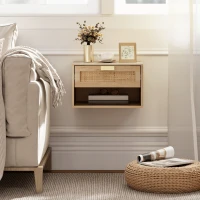 HOMCOM Juego de 2 Mesitas de Noche Flotantes con Cajón de Ratán Estante Abierto Ahorra Espacio 40x30x25 cm Roble(m-9)