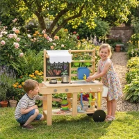 AIYAPLAY Cocina de barro infantil exterior, cocina de juguete de madera con grifo real, fregadero, hornillo, estante, depósito de agua, madera natural(m-2)