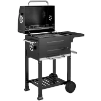 Outsunny Houtskoolgrill Compacte grillwagen met deksel thermometer grillrooster zijtafel aslade ventilatieopeningen(m-1)