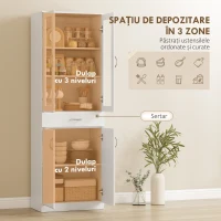 HOMCOM Bufet de Bucătărie cu 2 Dulapuri și un Sertar, Rafturi Reglabile și Uși din Sticlă, 60x35x180 cm, Alb(m-4)