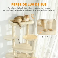 PawHut Arbore pentru Pisici Înalt de 200 cm pe Mai Multe Nivele cu 2 Căsuțe, 2 Paturi și Hamac, Structură pentru 2-3 Pisici, Bej(m-5)