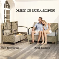 Outsunny Bancă cu Spațiu de Depozitare 125L cu Pernă, Cadru Metalic, 123x70x82 cm, Bej(m-4)