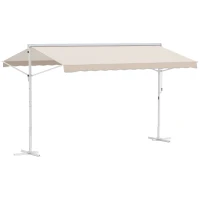Outsunny Toldo Dupla Inclinação 4 x 3 m Retrátil Manual Inclinação Ajustável Metal epóxi Branco Poliéster impermeabilizado Anti-UV Bege(m-6)