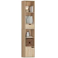 HOMCOM 6-Tier Bookcase, Tall Narrow Bookshelf with Drawer and Door - Natural Wood Finish(m-10)
