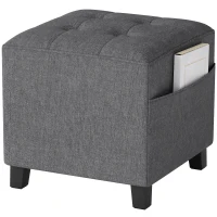 HOMCOM Square Footstool, Small Ottoman with Side Pocket, Linen Fabric Footrest Foot Stool with Rubber Wood Legs and Padded Seat for Living Room, Bedroom, Entryway, 35 x 35 x 35cm, Grey(m-10)