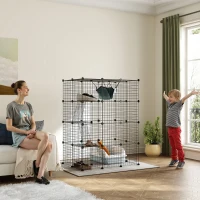 PawHut Cușcă pentru pisici de interior parc pentru pisici din oțel la 4 nivele DIY cu 5 uși hamac 1-3 pisici 105 x 70 x 140 cm negru(m-6)