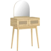 HOMCOM Tocador de Maquillaje con Espejo Arqueado 2 Cajones con Frontal de Ratán para Espacios Pequeños Natural(m-1)