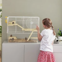 PawHut Cușcă pentru hamster în 3 nivele, cușcă pentru rozătoare cu roată de exerciții, tavă adâncă transparentă, 59 x 35,5 x 47 cm, alb(m-4)