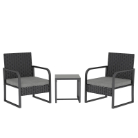 Outsunny Set de Grădină 3 Piese din Rattan PE și Oțel, Set cu 2 Fotolii și Perne Lavabile, Masă de Cafea cu Blat din Sticlă, Mobilier de Balcon pentru Terasă sau Curte, Gri Închis și Negru