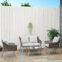 Outsunny Salon de jardin 4 places 4 pièces avec 2 fauteuils, canapé et table basse - en métal époxy résine tressée imitation rotin coussins inclus gris(m-10)