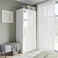 HOMCOM 2 Door 3 Drawer Mirrored Wardrobe with Hanging Rail, Modern Clothes Storage Cupboard with Mirror, Drawers and Adjustable Shelves for Bedroom, 80 x 50 x 180 cm, White(m-2)
