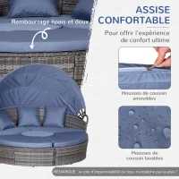 Outsunny Bain de soleil chaise longue salon de jardin exterieur modulable en résine tressée avec pare soleil pliable 5 coussins 3 oreillers 175l x 180P x 147H cm bleu(m-6)