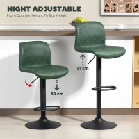 HOMCOM Bar Stools Set of 2, PU Leather Barstools with Backrest and Footrest for Kitchen, Counter, Breakfast Bar, Green(m-6)