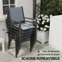 Outsunny Set Masă de Grădină cu Scaune, 7 Piese, Set de Prânz cu Masă cu Blat din Lemn Compozit cu Șipci și 6 Scaune de Exterior Stivuibile, Mobilier din Oțel cu Texteline, Gri și Negru(m-4)