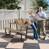 Outsunny Conjunto mesa e bancos de madeira estilo cervejaria, mesa de piquenique em madeira com bancos, 175 cm, furo para guarda-sol, castanho(m-2)