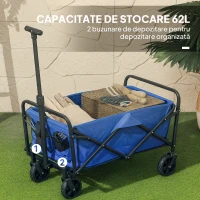 Outsunny Cărucior de Grădină de 62L cu Roți Universale, Cărucior Pliabil din Metal și Material Oxford cu Geantă și Mâner Reglabil, 76x48x86 cm, Albastru(m-4)