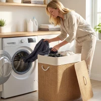 HOMCOM Double Laundry Basket with Lid, 100L Bamboo Laundry Hamper with Rope Handles, Washing Basket with Removable Liner for Bathroom, Bedroom, Brown(m-8)