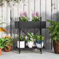 Outsunny Suport plante interior 2 niveluri, suport pentru plante cu orificii de drenaj, tavă superioară, metal, 60 x 25 x 70 cm negru(m-4)