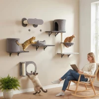 PawHut Etajere murale pentru pisici copac de perete 5 piese 2 cuști hamac platforme zgârietori din sisal gri(m-6)