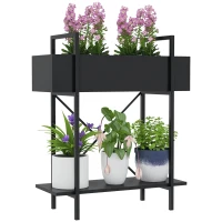 Outsunny Suport plante interior 2 niveluri, suport pentru plante cu orificii de drenaj, tavă superioară, metal, 60 x 25 x 70 cm negru(m-8)