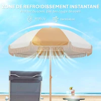 Outsunny Parasol de plage 1,7 m, parasol de jardin inclinable avec ancrage au sable, franges et hauteur réglable, blanc et beige(m-6)