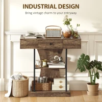 HOMCOM Console Table, 3-Tier Industrial Hallway Table with Drawer, Storage Shelves, 91 x 32 x 87 cm, Rustic Brown(m-4)
