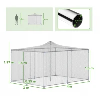 PawHut Țarc pentru Găini de Exterior, 4x3x2m 12㎡ Adăpost pentru Găini din Oțel Galvanizat cu Acoperiș Impermeabil Anti-UV și Închidere Dublă, Coteț pentru Păsări, Animale Mici, Iepuri și Rațe(m-3)