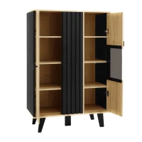 Meuble d'appoint avec vitrine, éclairage LED et verre, 80x40x120 cm, Couleur naturelle+Noir(m-9)
