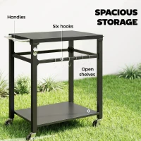 Outsunny Outdoorowy wózek grillowy, Stojak na piec do pizzy z metalową powierzchnią, 2-poziomowa mobilna stacja kuchennych z haczykami i uchwytami, Czarny(m-5)