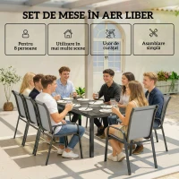 Outsunny Set de Masă de Grădină 9 Piese, Masă și Scaune pentru 8 Persoane, Set Exterior cu Blat din Sticlă Temperată, Gri(m-6)