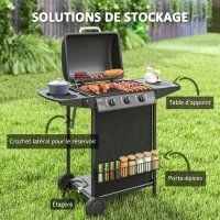 Outsunny Barbecue gaz 3+1 brûleurs en acier, puissance 9,5 kW, barbecue de jardin table latérale, 108 x 54 x 97 cm, noir(m-6)