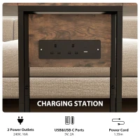 HOMCOM C Shaped Side Table with Charging Station and Foldable Top - Rustic Brown(m-6)