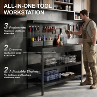 HOMCOM Stacja robocza z regulowanymi półkami, solidna stacja robocza z perforowaną płytą i 2 szufladami, 122 x 61 x 156 cm, Czarna(m-4)