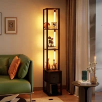 HOMCOM Floor Lamp with Shelves, LED Column Modern Standing Lamp with Fabric Drawer, Adjustable Brightness, Foot Switch for Living Room, Bedroom, Office, Black(m-7)