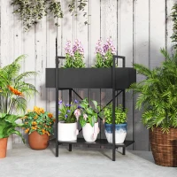 Outsunny Suport plante interior 2 niveluri, suport pentru plante cu orificii de drenaj, tavă superioară, metal, 60 x 25 x 70 cm negru(m-6)