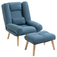 HOMCOM Armchair with Footstool, 180° Recliner with Ottoman, Accent Chair and Footstool with 3-Position Adjustable Backrest and Wooden Legs for Living Room, Blue(m-13)