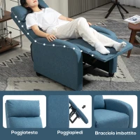 HOMCOM Poltrona Reclinabile Imbottita in Tessuto Effetto Lino Blu e Acciaio con Poggiapiedi, 69x88x101 cm(m-6)