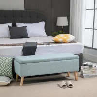 HOMCOM bancă cu spațiu de depozitare, banchetă tapitată cu aspect de in, ladă-bancă cu picioare din lemn, bancă-ladă pentru living dormitor hol 110 x 39 x 45 cm, verde deschis(m-2)