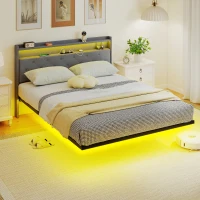 HOMCOM Floating Bed Frame, Upholstered 5ft King Size Bed, Platform Bed with RGB LED Lights and Charging Station, Grey(m-2)
