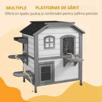 PawHut Casă pisici, Căsuță pisici, Peșteră pisici, 2 Etaje, rezistentă la intemperii, 78,1 cm x 55,2 cm x 90,8 cm, Alb + Gri(m-4)