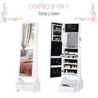 HOMCOM Espelho de joalheiro Armário de joias de pé com luzes LED Gavetas de bloqueio Espelho e dobradiça interior para comédicos 45x36x150cm(m-5)