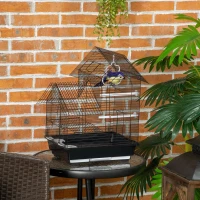 PawHut Cage à oiseaux design maison mangeoires perchoirs balançoire 2 portes plateau excrément amovible + poignée transport métal noir(m-10)