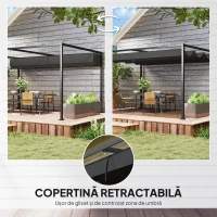 Outsunny Pergolă 3x2 m cu Acoperiș Retractabil, Orificii de Drenaj, Țepușe și Șuruburi, Pergolă de Grădină din Poliester și Metal, pentru Terasă, Curte, Exterior, Negru(m-4)
