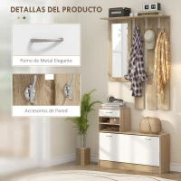HOMCOM Recibidor de Entrada con Espejo Perchero y Zapatero Mueble de Recibidor de 2 Piezas con Ganchos Estantes Cajón Natural(m-5)