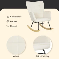 HOMCOM Fotel bujany, nowoczesny fotel relaksacyjny z weluru, z podłokietnikami, wysoki zagłówek, drewniane płozy, do salonu i sypialni, do 120 kg, beżowy(m-5)