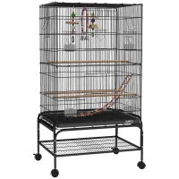 PawHut Gabbia per Uccelli con Area Gioco, Ruote, Vassoio Estraibile e Mensola, 64x45x110 cm, Nero(m-1)