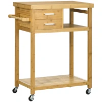 HOMCOM Desserte de cuisine à roulettes chariot de service meuble de rangement pour cuisine en bambou 2 tiroirs 83 x 45 x 96 cm(m-12)